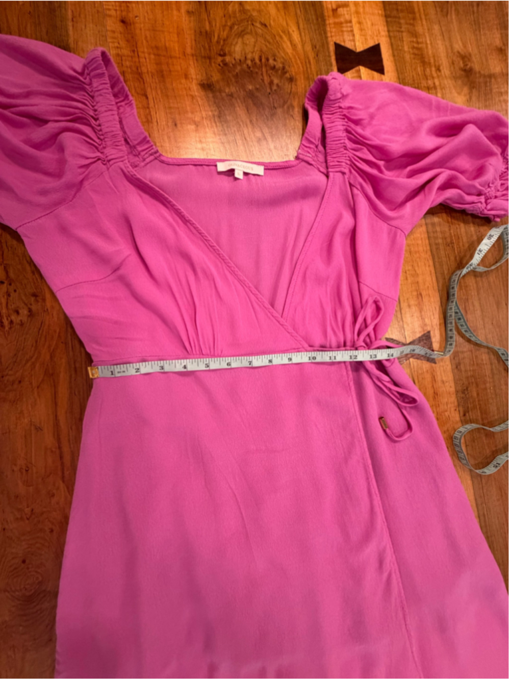 OLIVACEOUS Pink Wrap Maxi Dress Sz L Puff Sleeve Side Slit Cottagecore Boho Summ - Picture 9 of 12